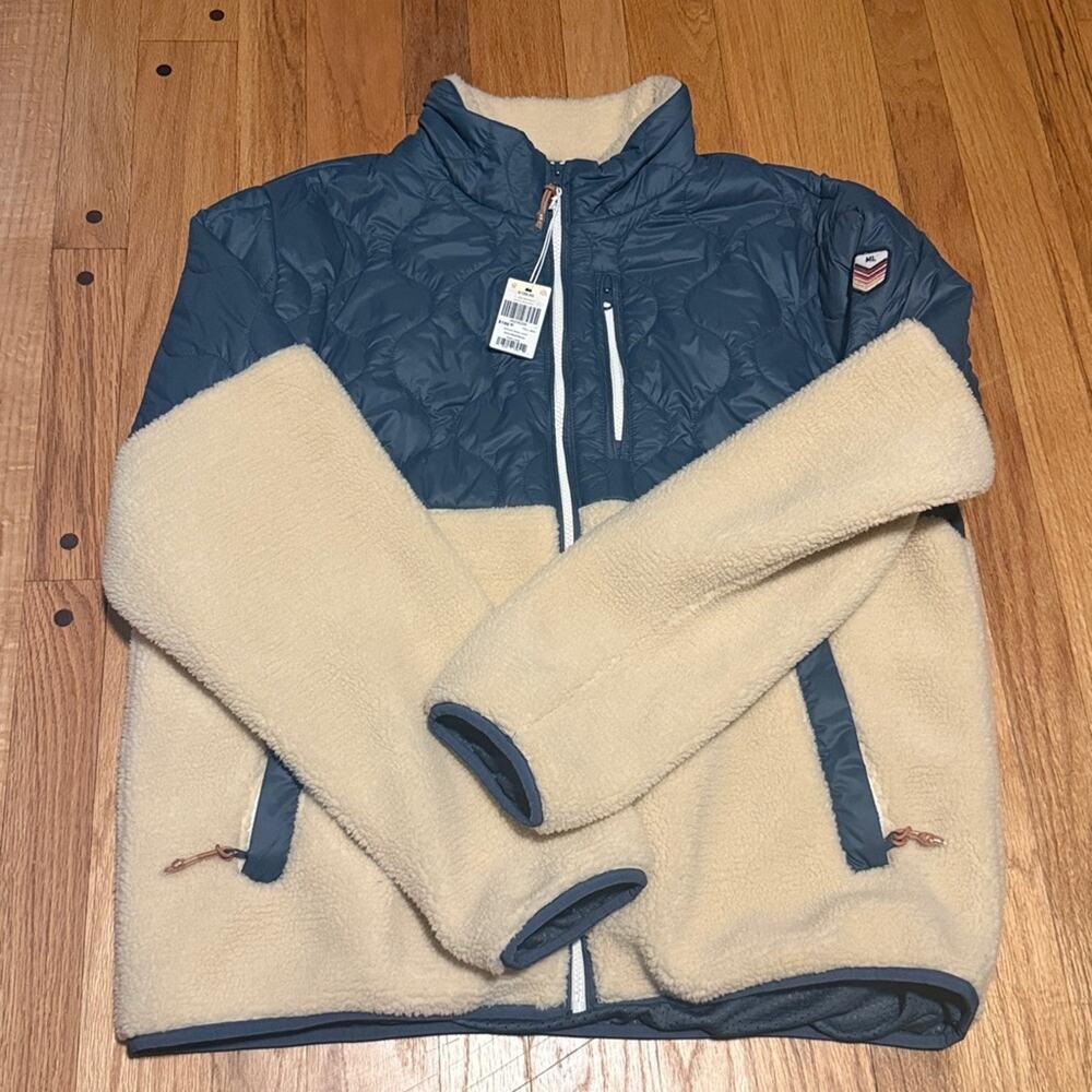 NEW Marine Layer Orion Blue & Natural Quilted Bariloche Sherpa Jacket Size XL